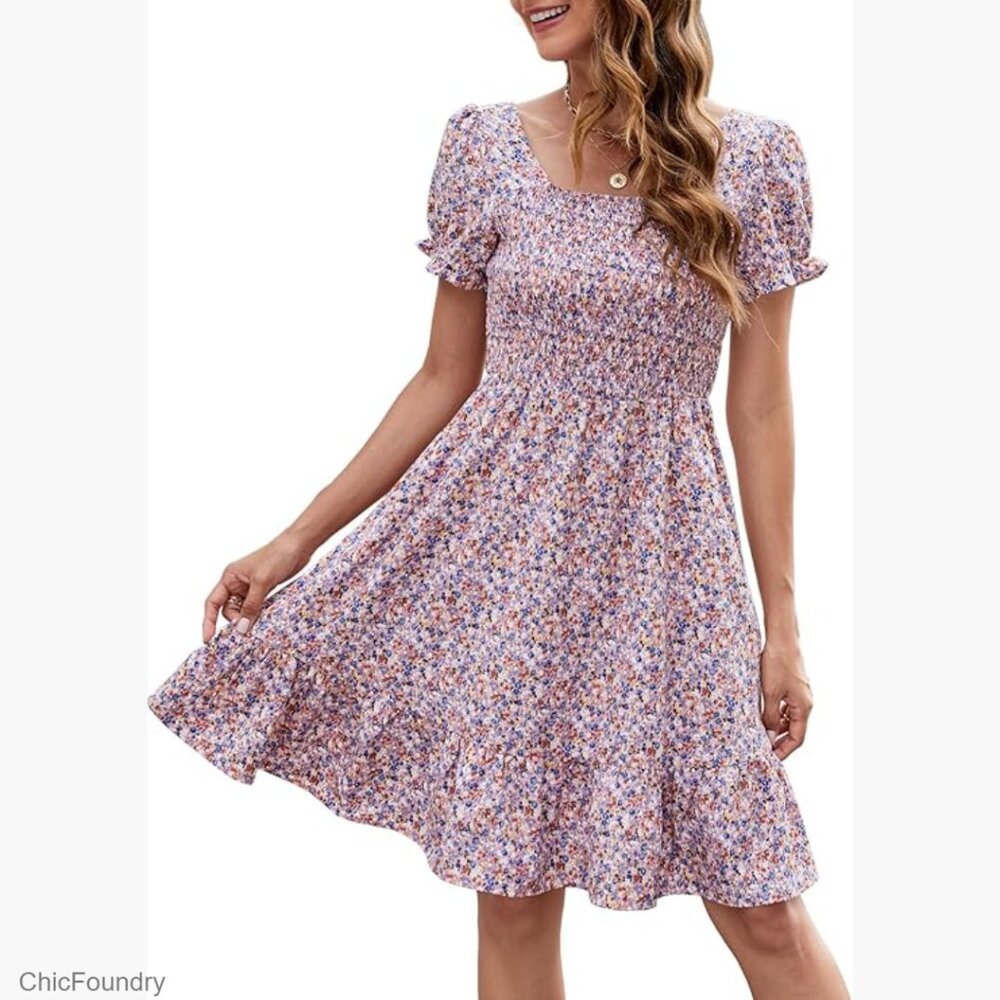 Short Sleeve Square Neck A-Line Tiered Sundress with Pockets
